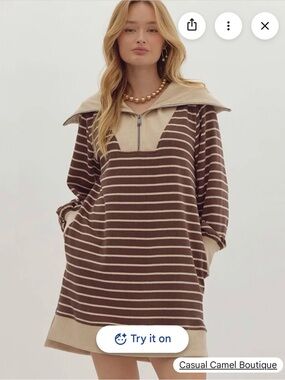 Entro Know You Dress - Striped Brown & Cream Pullover Dress